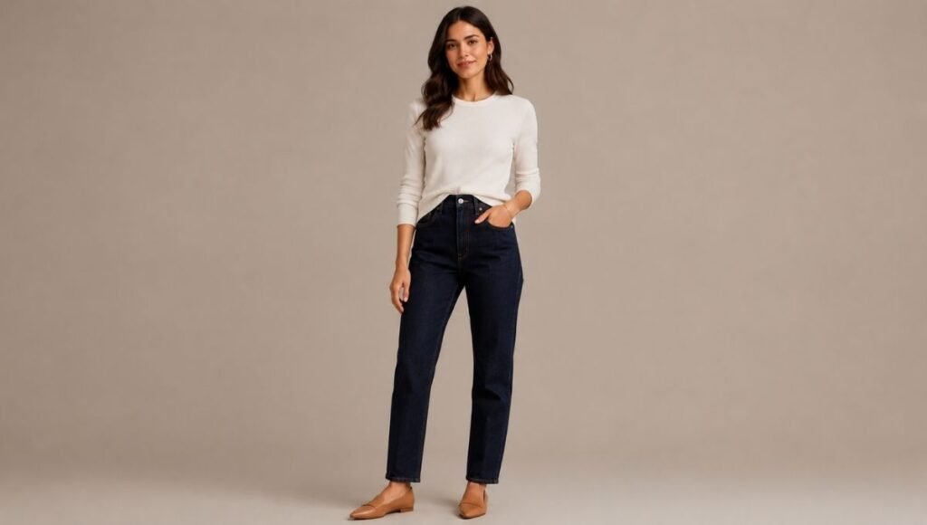 Woman demonstrating the French tuck styling tip with a fitted top tucked into high-rise dark jeans showing defined waistline