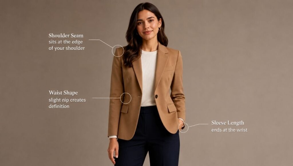 Woman in a perfectly tailored blazer showing correct shoulder seam waist definition and sleeve length for good clothing fit
