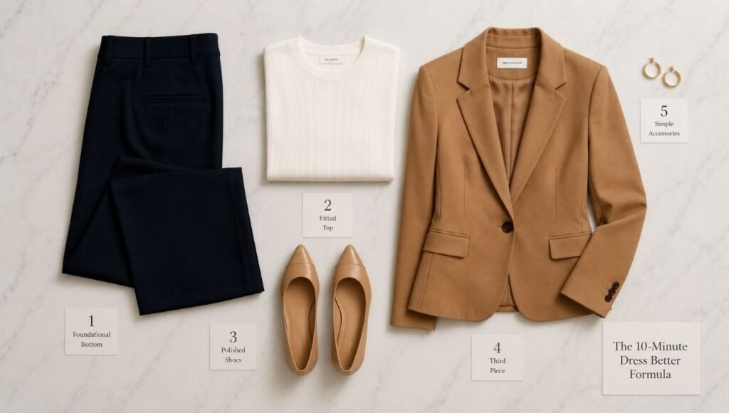 Flat lay of a 10-minute dress better formula with high-rise trousers fitted top blazer pointed-toe shoes and gold hoops in five steps
