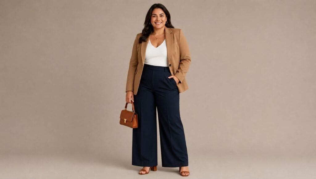 Curvy woman demonstrating the put-together formula with a defined waist blazer over high-rise wide-leg trousers and tucked fitted top