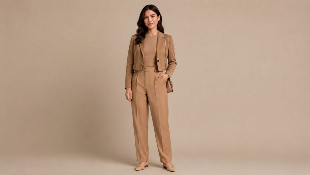 Petite woman in a put-together outfit with high-rise trousers monochromatic top and pointed-toe shoes showing correct petite dressing formula