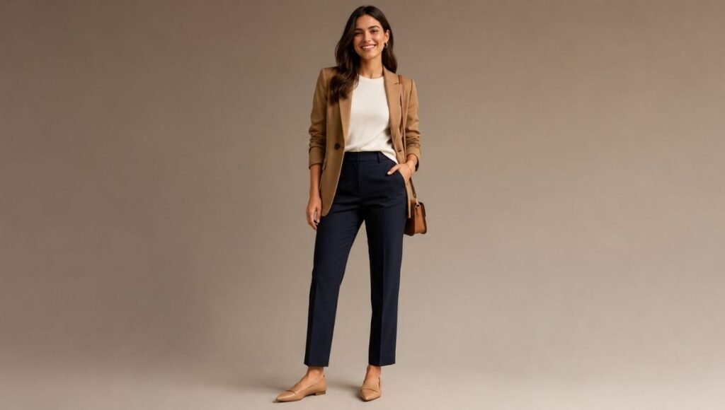 Confident woman in a polished put-together outfit demonstrating how to dress better with a blazer tuck and intentional accessories