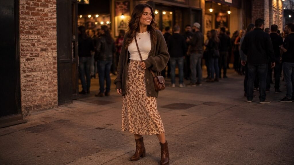 Woman in an indie concert outfit with an oversized cardigan over a simple tee a floral slip skirt and worn-in ankle boots