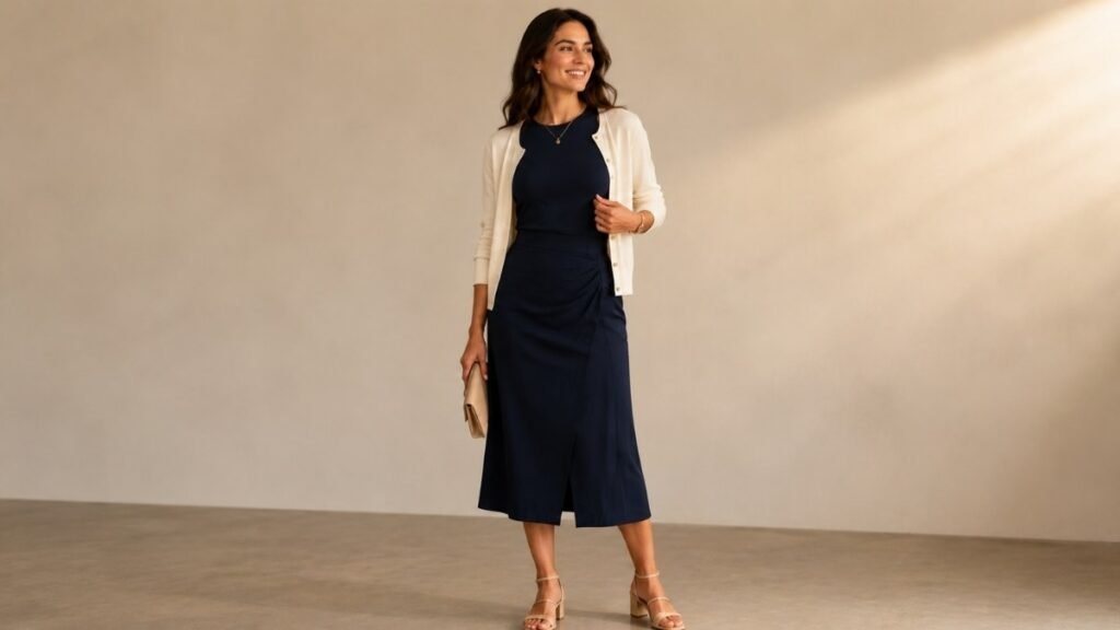 Woman in summer work outfit formula 3 wearing a navy sleeveless midi dress with a thin cream cardigan showing the office to dinner transition look