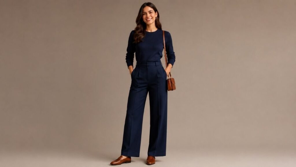 Woman in a chic monochromatic navy outfit demonstrating tonal dressing as an easy put-together styling hack