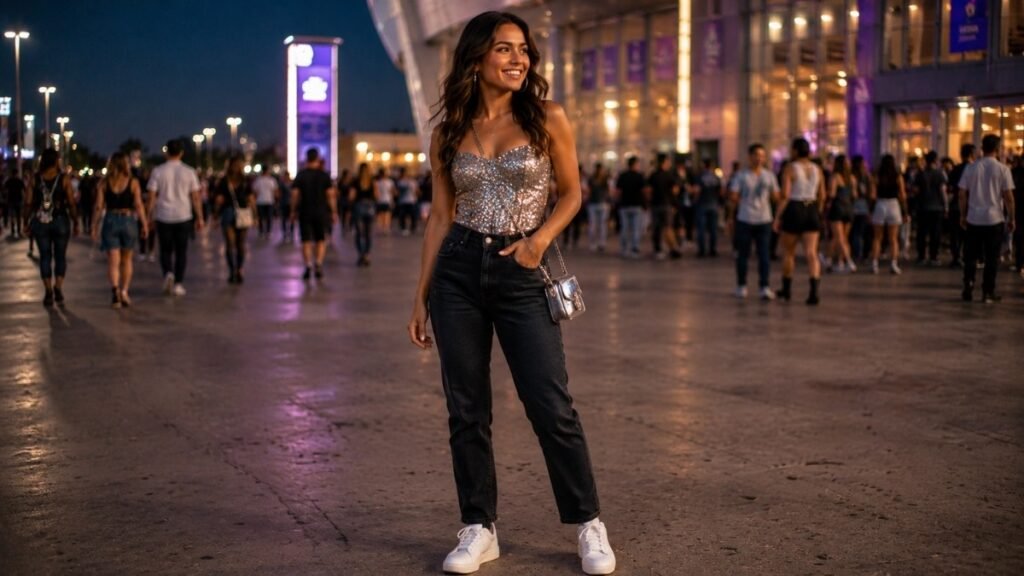Woman in a pop concert outfit wearing a sparkly sequin top with straight-leg jeans white sneakers and bold accessories