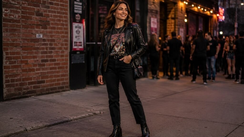 Woman in a classic rock concert outfit with a band graphic tee tucked into black jeans a leather jacket and ankle boots