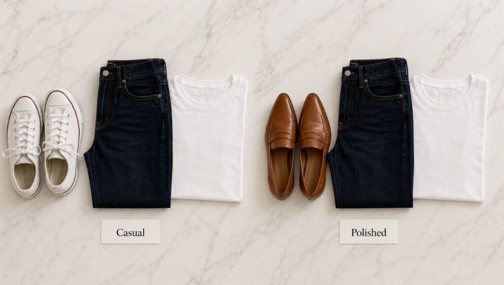 Side by side comparison of casual sneakers versus intentional pointed-toe loafers showing how the shoe upgrade transforms an outfit