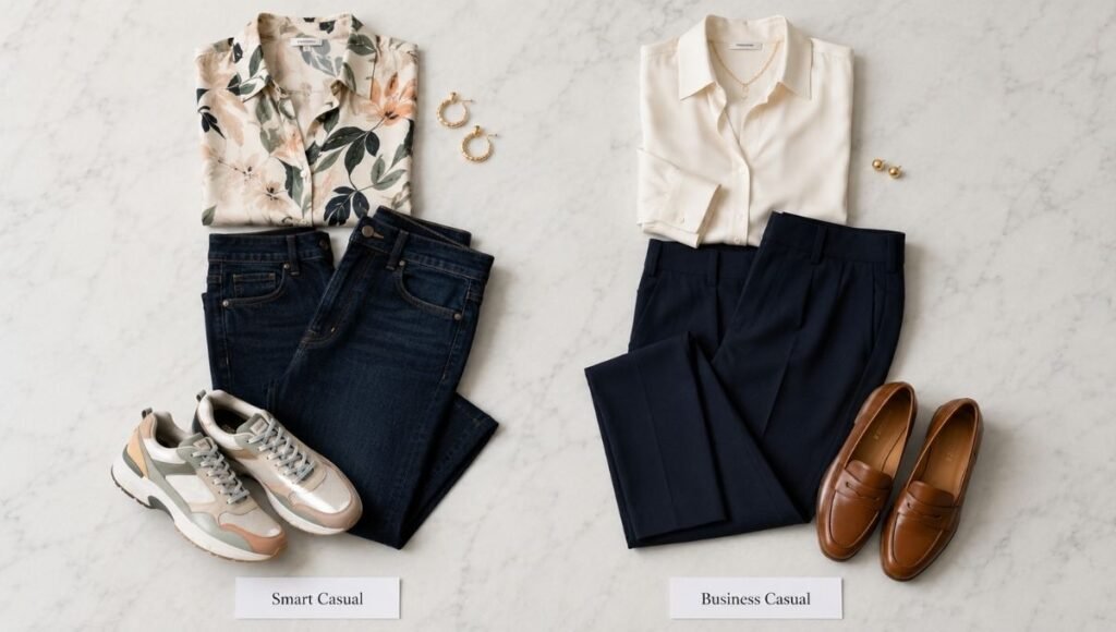 Side by side comparison showing smart casual outfit on the left and business casual outfit on the right for women
