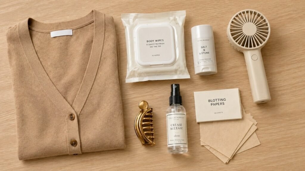 Flat lay showing summer office desk drawer essentials including a cardigan deodorant wipes mini perfume hair clip and cooling spray