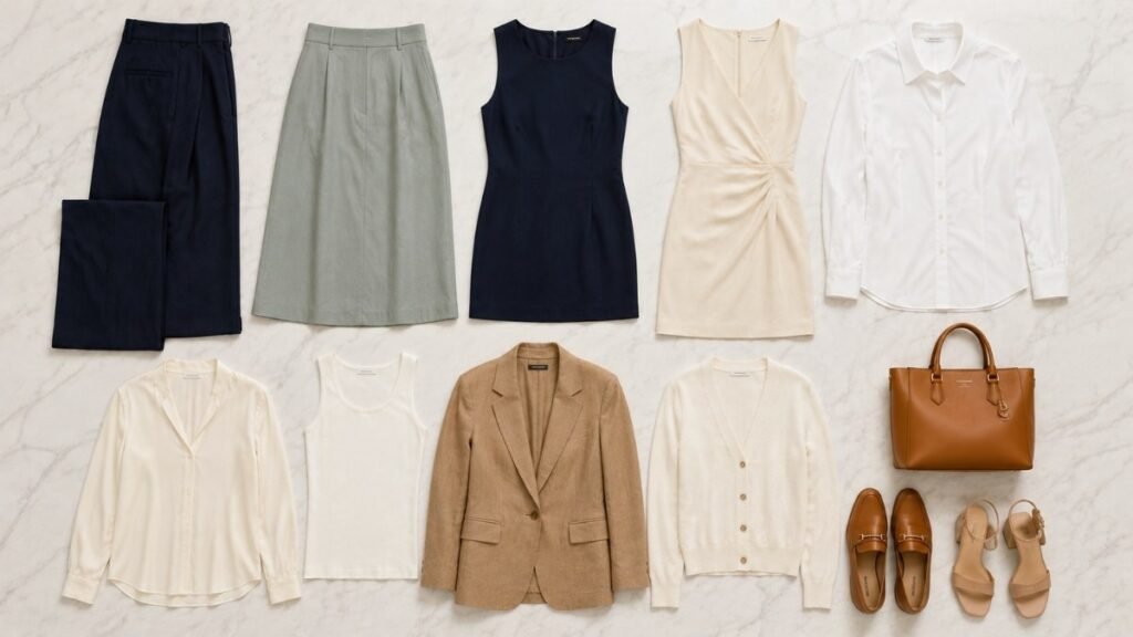 Flat lay showing the best shoes for summer work outfits including leather loafers pointed-toe mules block heel sandals and espadrilles
