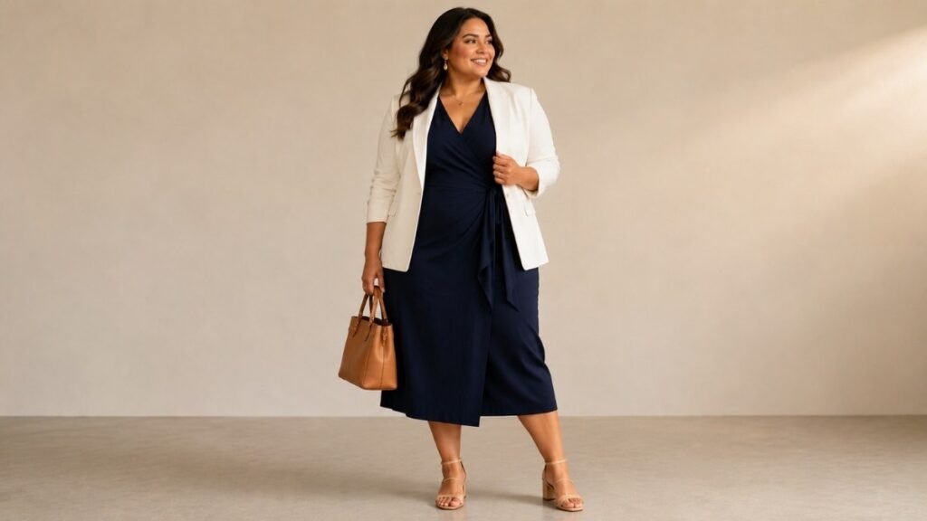 Curvy woman in a flattering summer work outfit wearing a navy wrap midi dress with an open structured blazer and block heel sandals