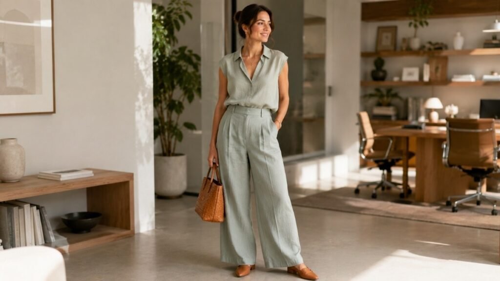 Woman in a summer creative office outfit wearing a matching sage green linen wide-leg trouser set with a fitted linen blouse and loafers