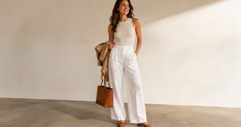 Professional woman in a polished summer work outfit wearing wide-leg linen trousers a structured tank and an unstructured blazer carried over her arm
