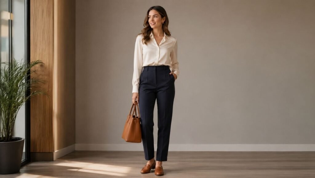 Professional woman in a classic business casual outfit with tailored navy trousers a structured blouse and leather loafers
