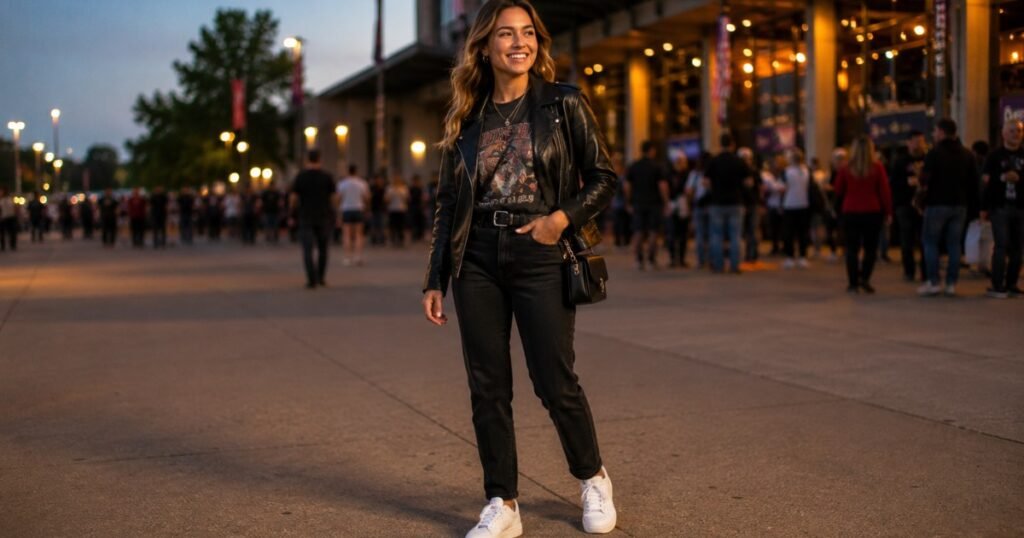 Woman in a stylish concert outfit wearing black straight-leg jeans a graphic tee a leather jacket and white sneakers ready for a show