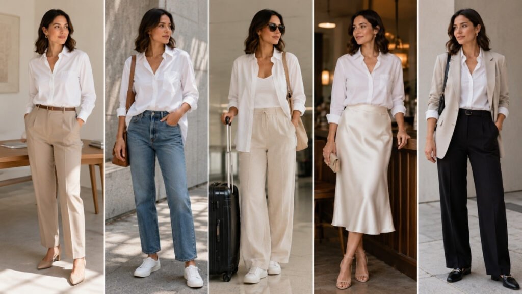 Five ways to style a women’s white button-down shirt for work, weekends, travel, and evenings