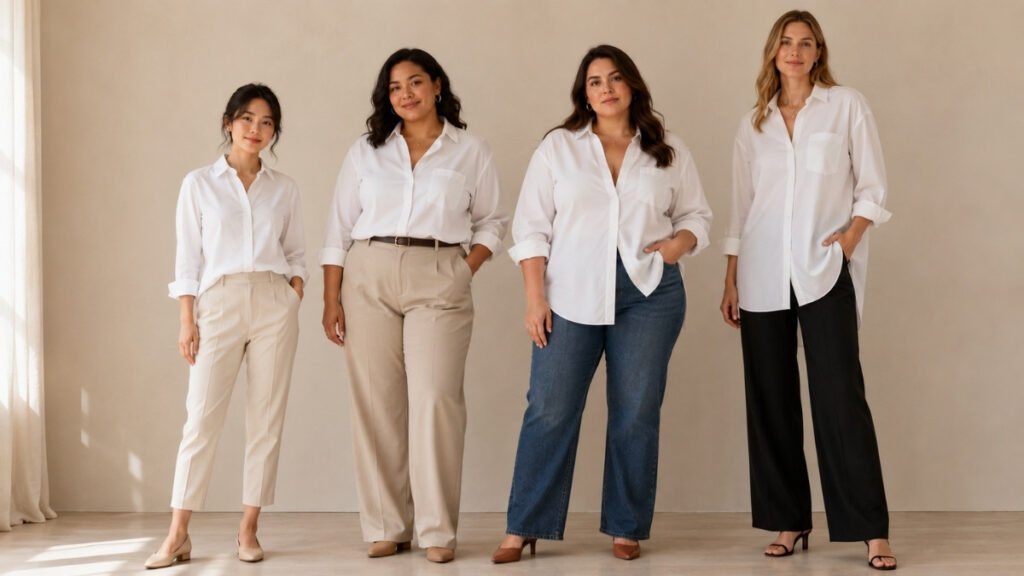 White button-down shirt fits for petite, curvy, busty, and tall women