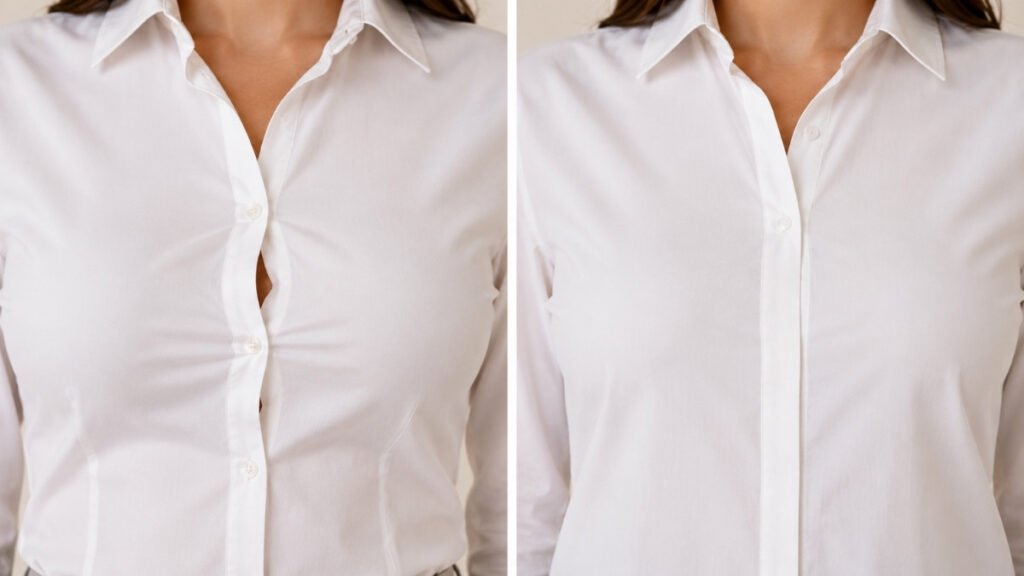 White button-down shirt with hidden button detail to prevent chest gaping