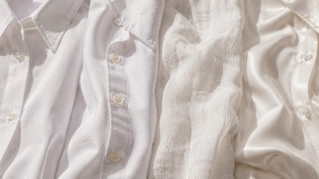 Comparison of white poplin, Oxford cotton, linen, and silk shirt fabrics