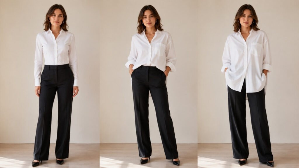 Comparison of fitted, relaxed, and oversized white button-down shirts for women