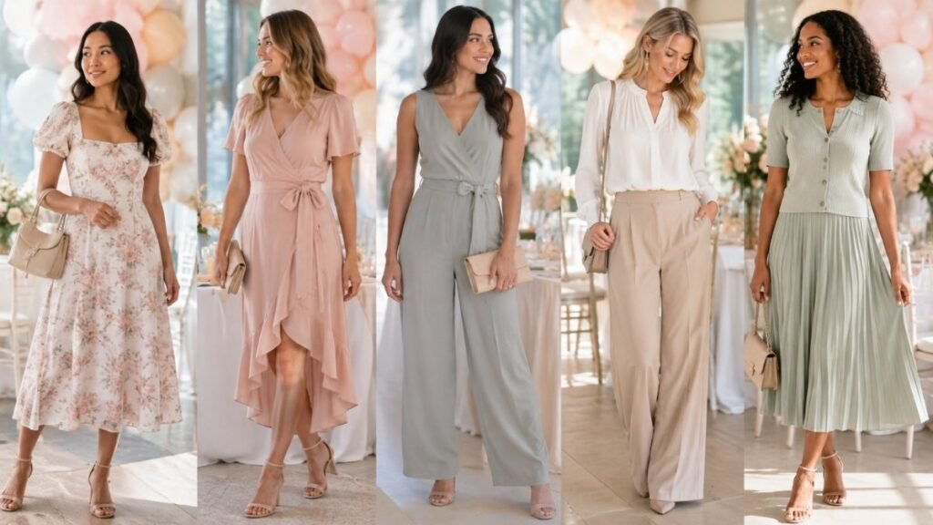 Baby shower outfit ideas with dresses, jumpsuits, and tailored pants
