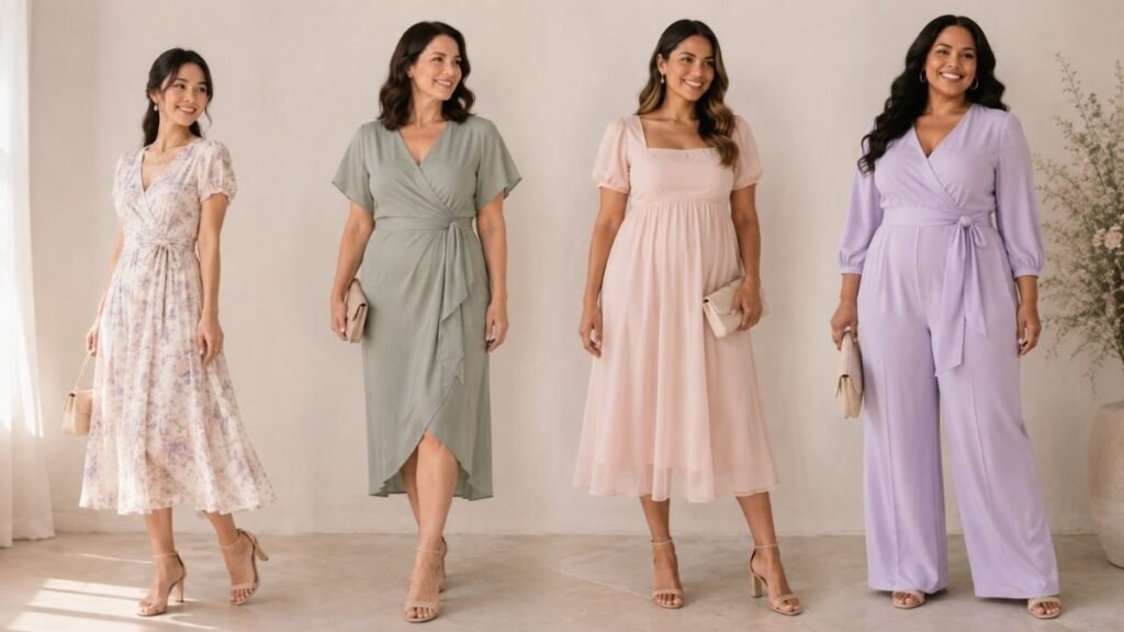 Baby shower outfit ideas for petite, apple, pear, and curvy body types