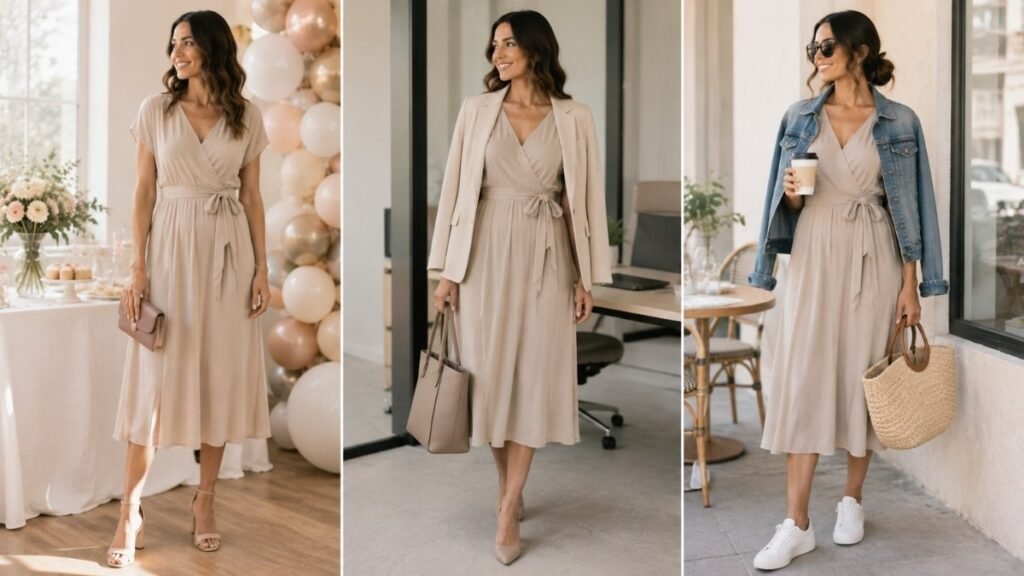 One baby shower outfit styled for work, brunch, and weekend wear